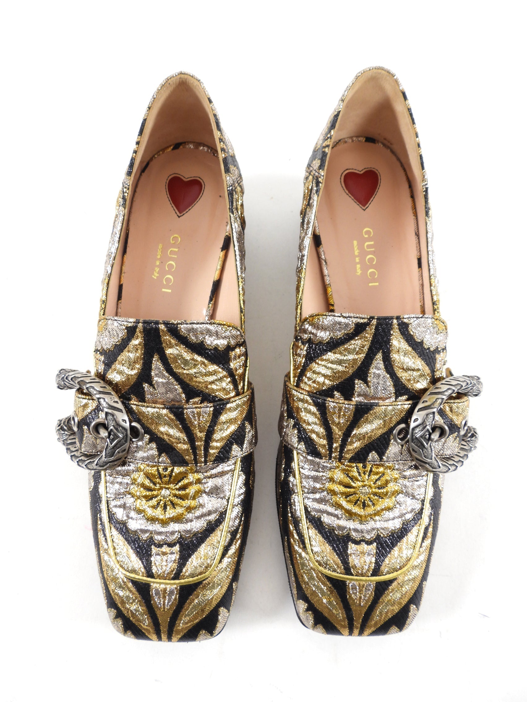 Gucci Gold Silver Black Brocade Dionysus Pump Loafers - 37