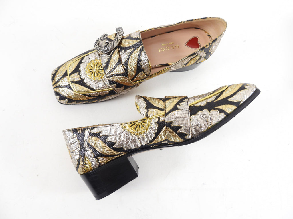 Gucci Gold Silver Black Brocade Dionysus Pump Loafers - 37