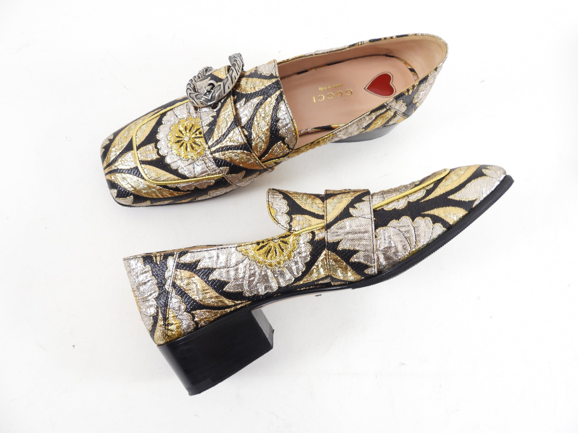 Gucci Gold Silver Black Brocade Dionysus Pump Loafers - 37