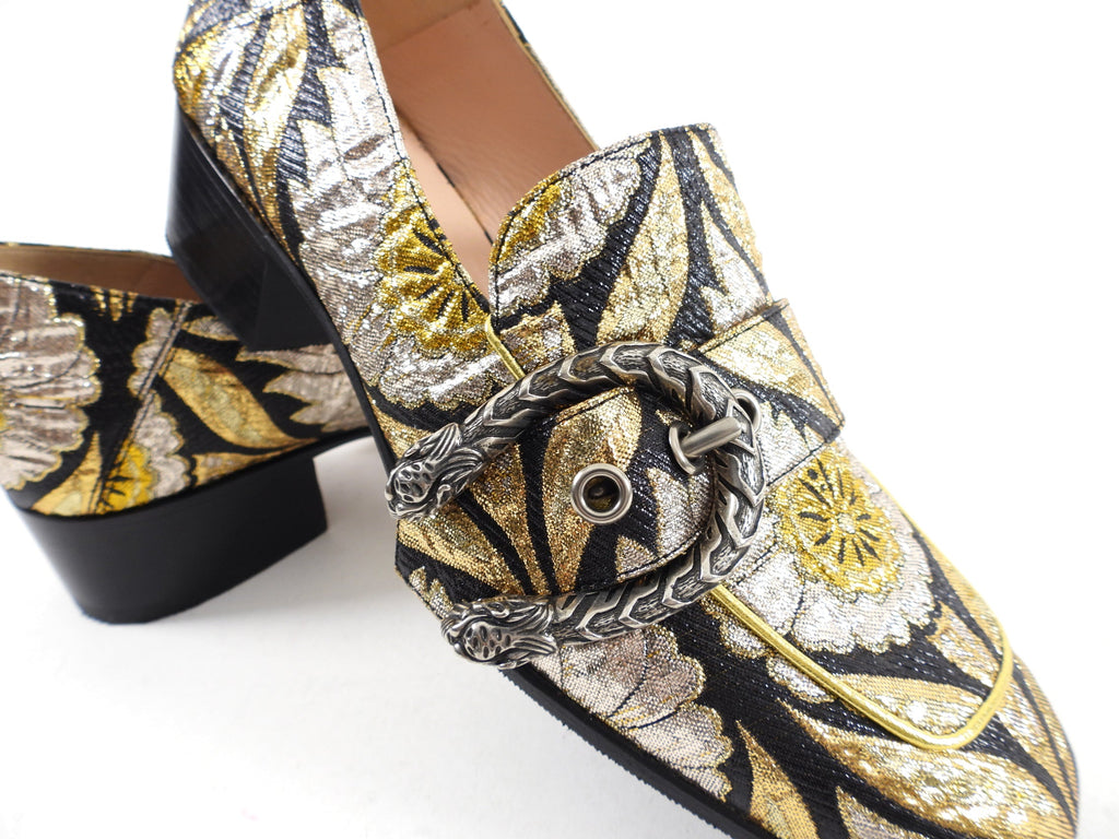 Gucci Gold Silver Black Brocade Dionysus Pump Loafers - 37