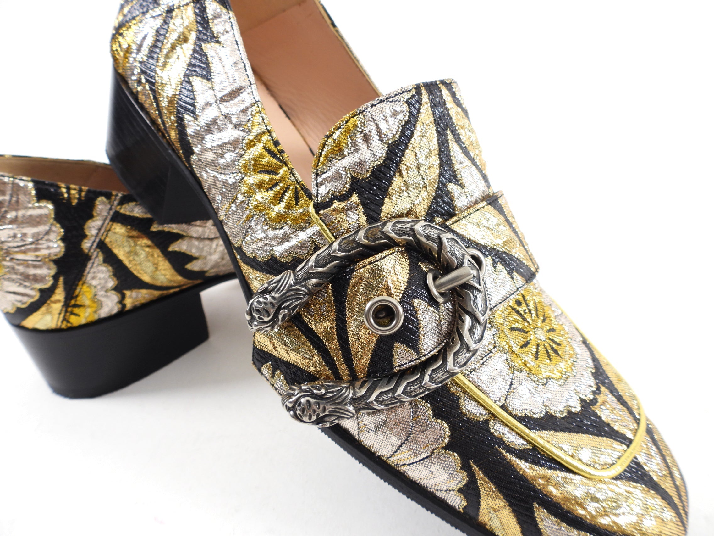 Gucci Gold Silver Black Brocade Dionysus Pump Loafers - 37