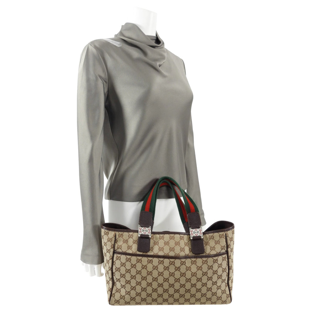 Gucci Brown Monogram Canvas Web Strap Handle Small Tote
