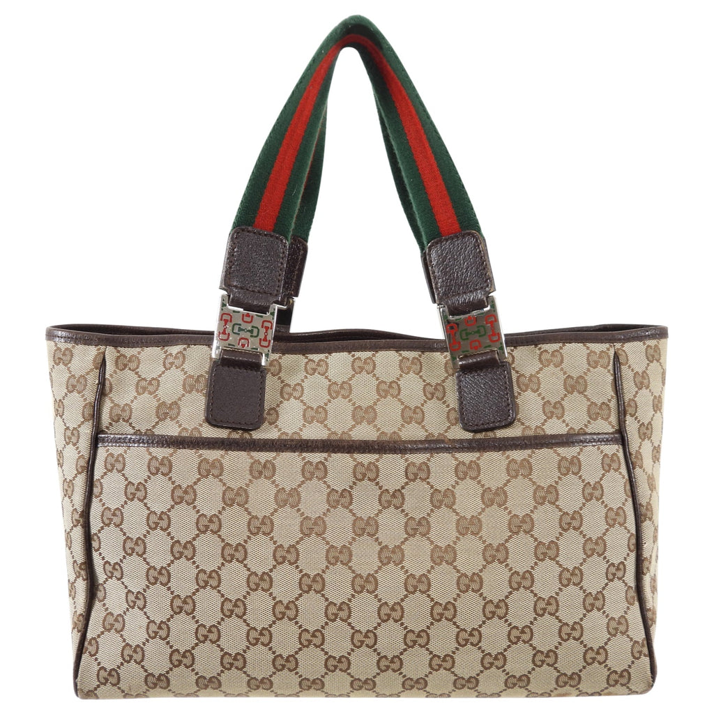 Gucci Brown Monogram Canvas Web Strap Handle Small Tote