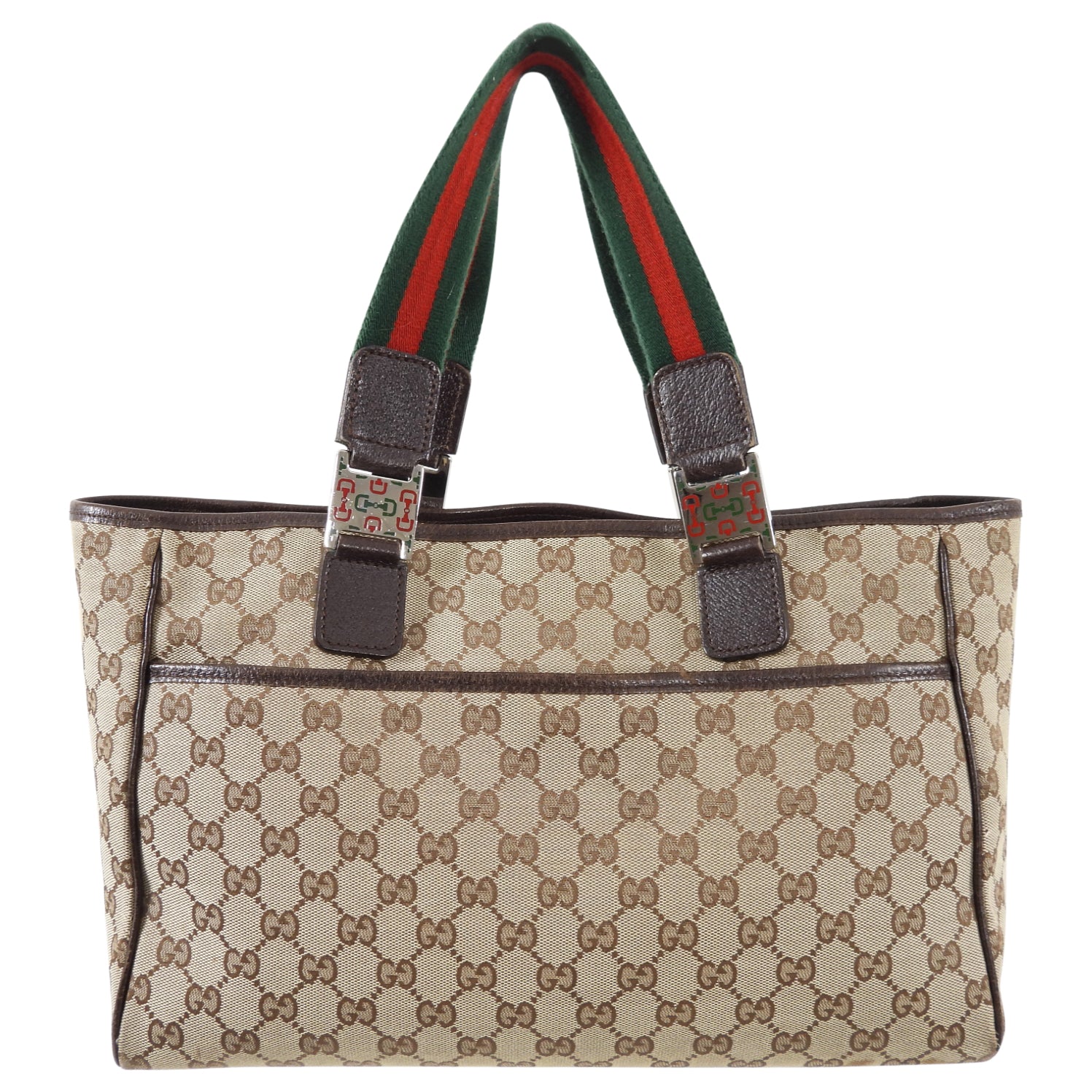 Gucci Brown Monogram Canvas Web Strap Handle Small Tote