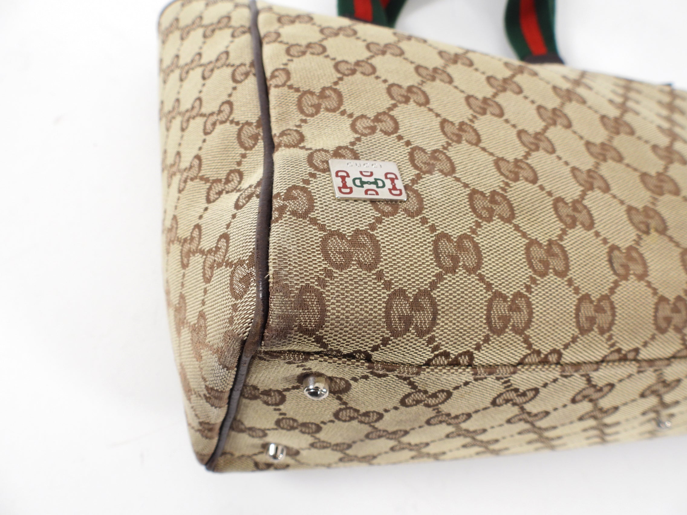 Gucci Brown Monogram Canvas Web Strap Handle Small Tote