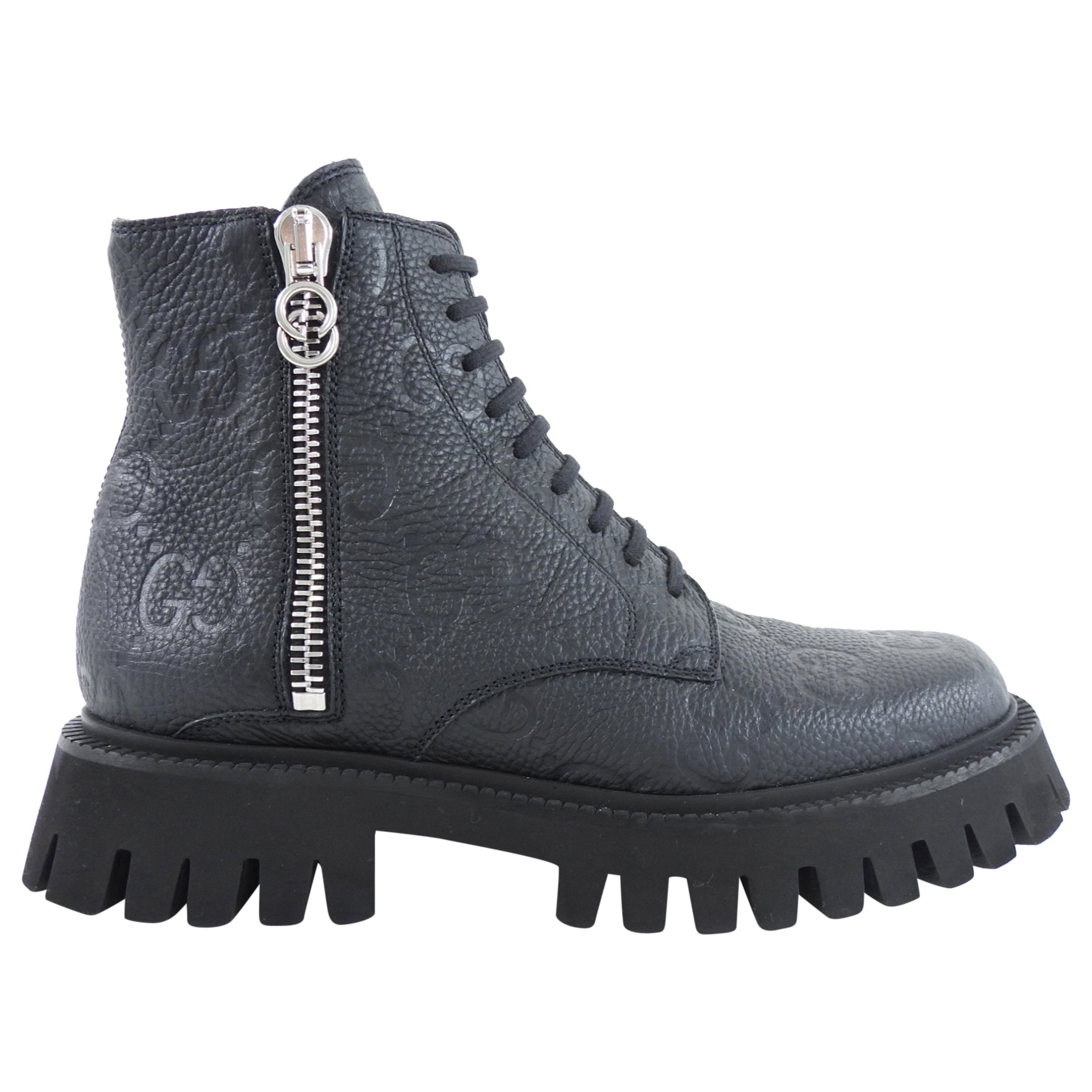 Gucci Black Leather GG Embossed Zip Combat Boots - 39.5