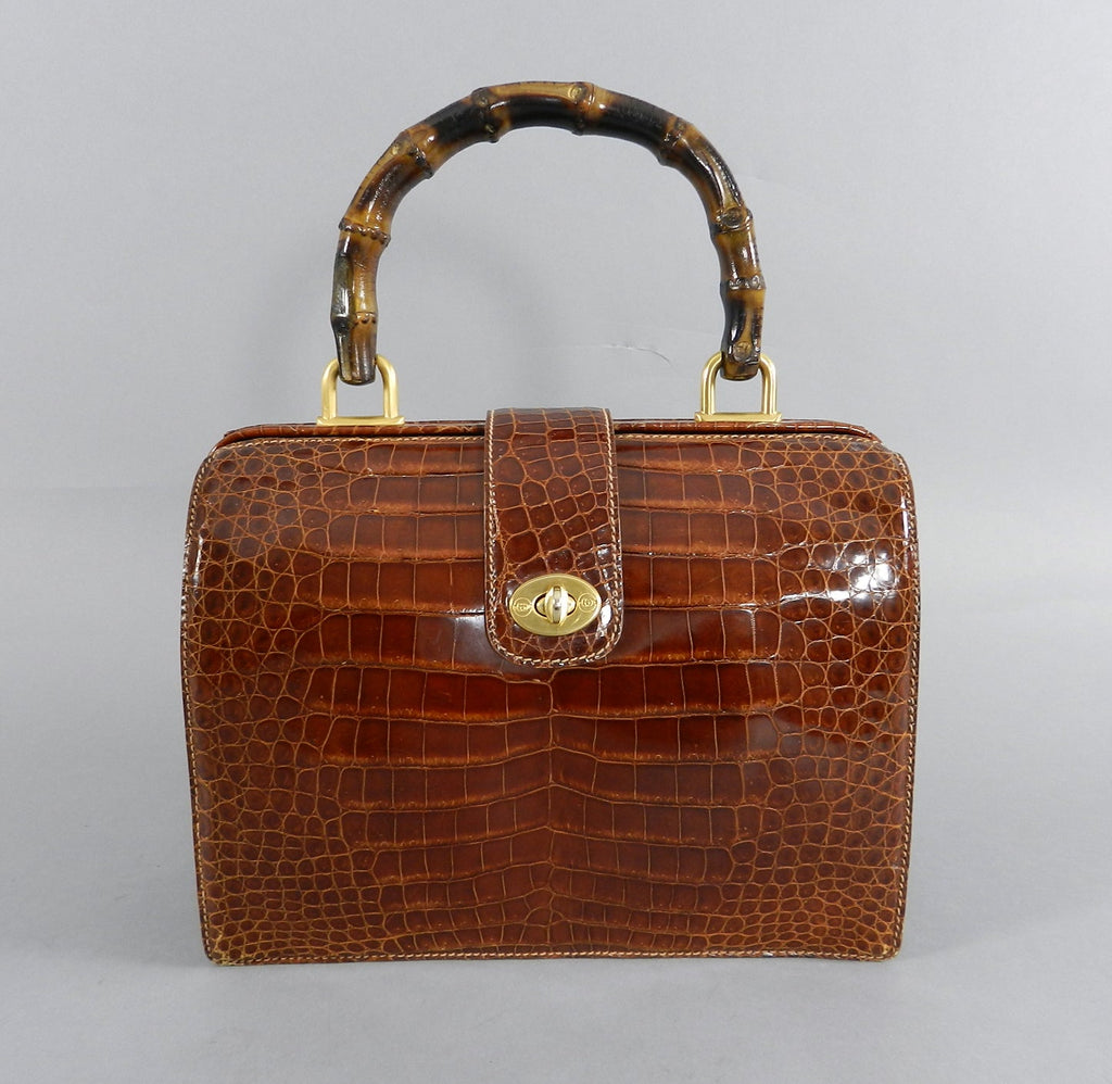 Gucci Vintage Cognac Crocodile Doctor Bag with Bamboo Handle