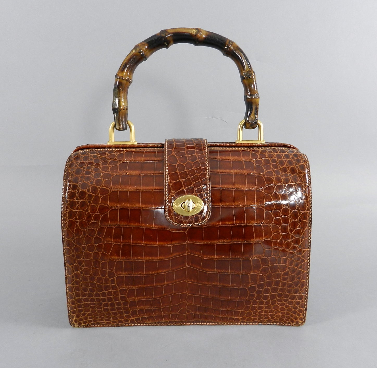 Gucci Vintage Cognac Crocodile Doctor Bag with Bamboo Handle