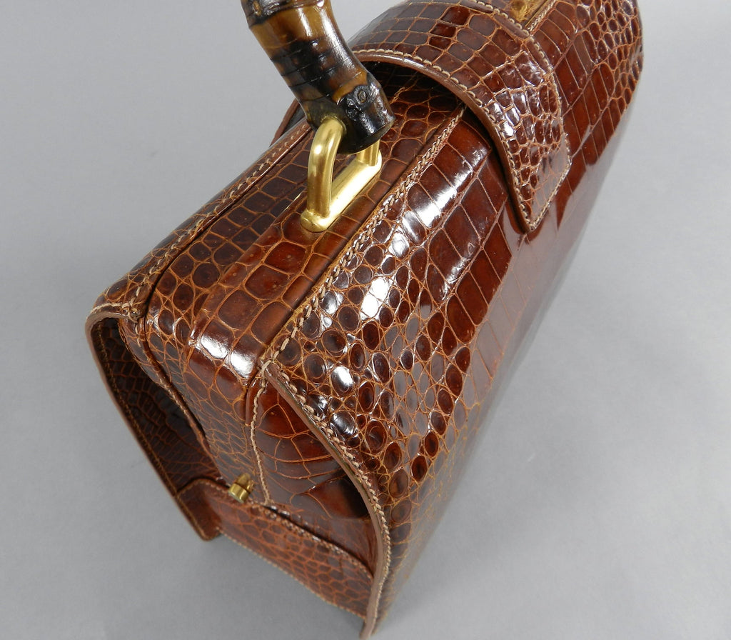 Gucci Vintage Cognac Crocodile Doctor Bag with Bamboo Handle