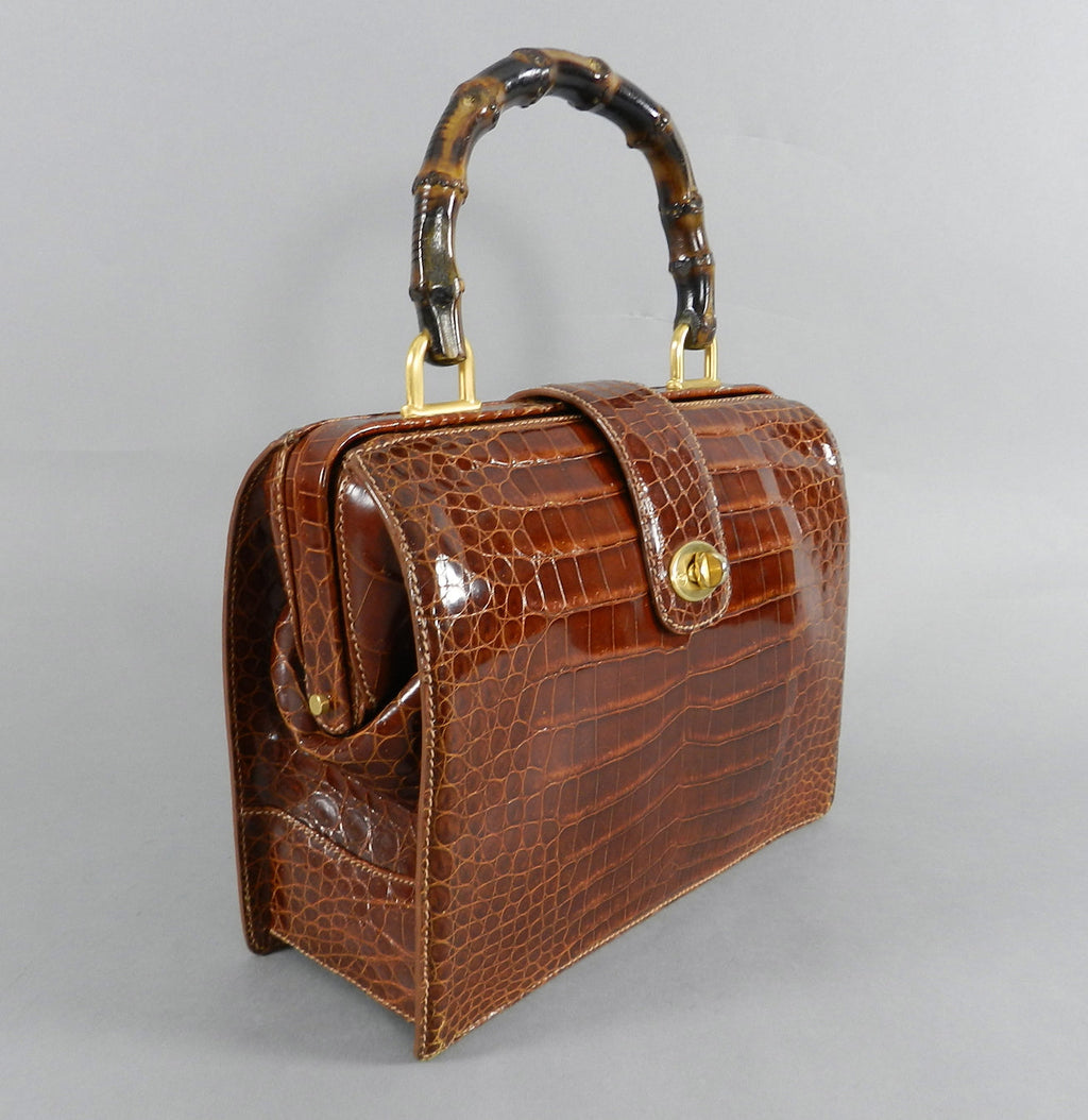 Gucci Vintage Cognac Crocodile Doctor Bag with Bamboo Handle