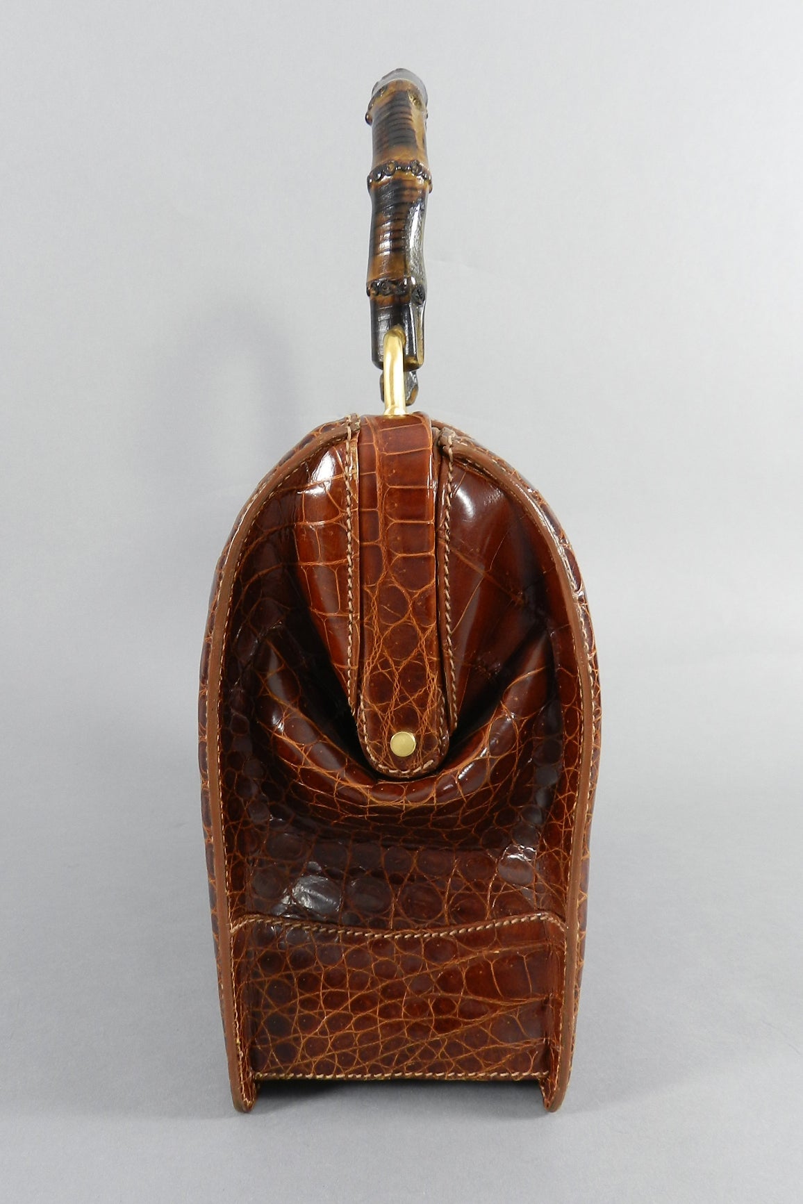 Gucci Vintage Cognac Crocodile Doctor Bag with Bamboo Handle