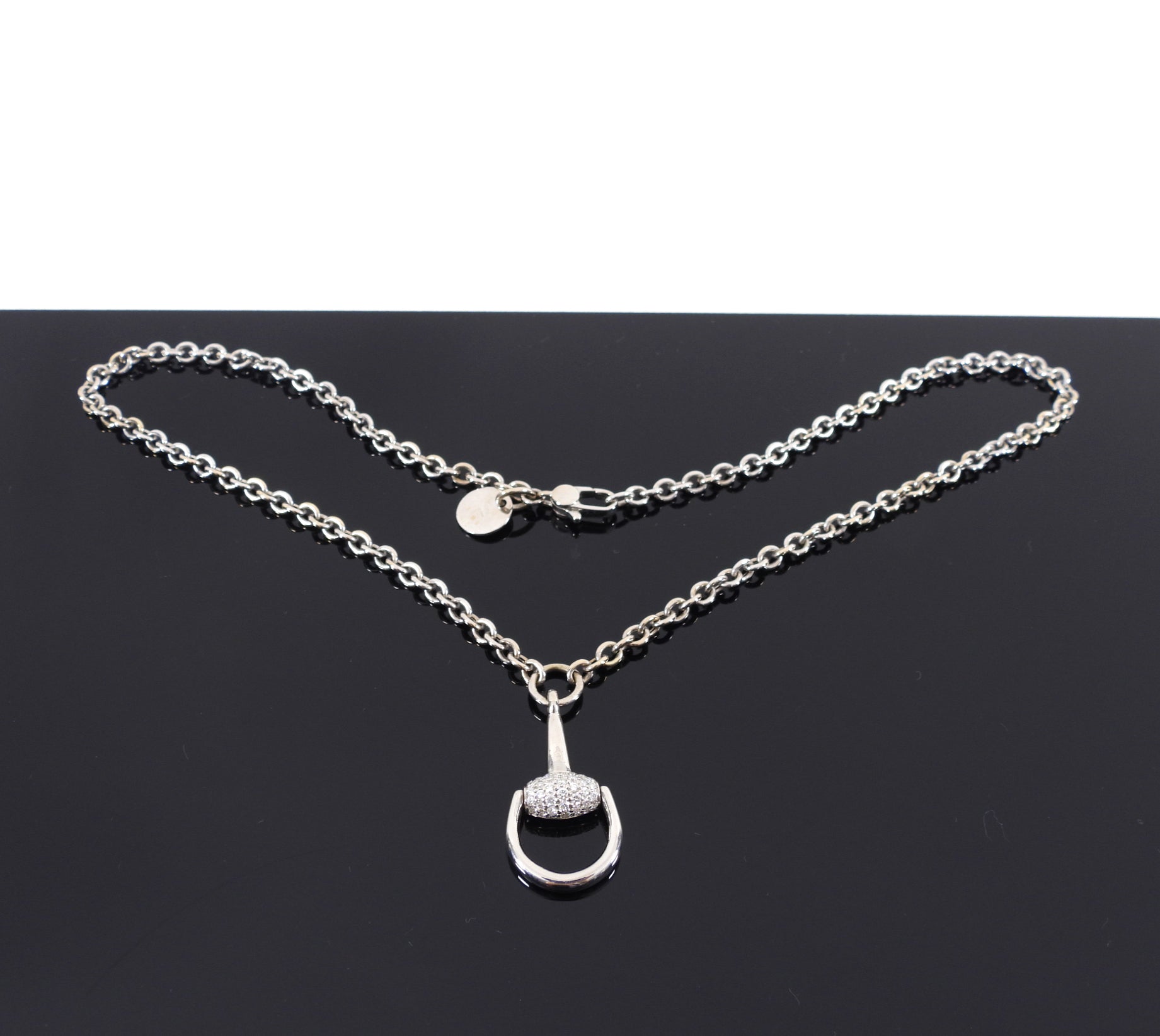 Gucci 18k White Gold and Diamond Horsebit Necklace
