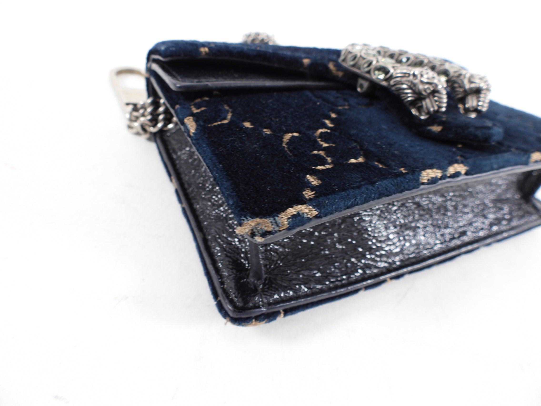 Gucci Super Mini Dionysus Navy and Gold Velvet Crossbody Bag