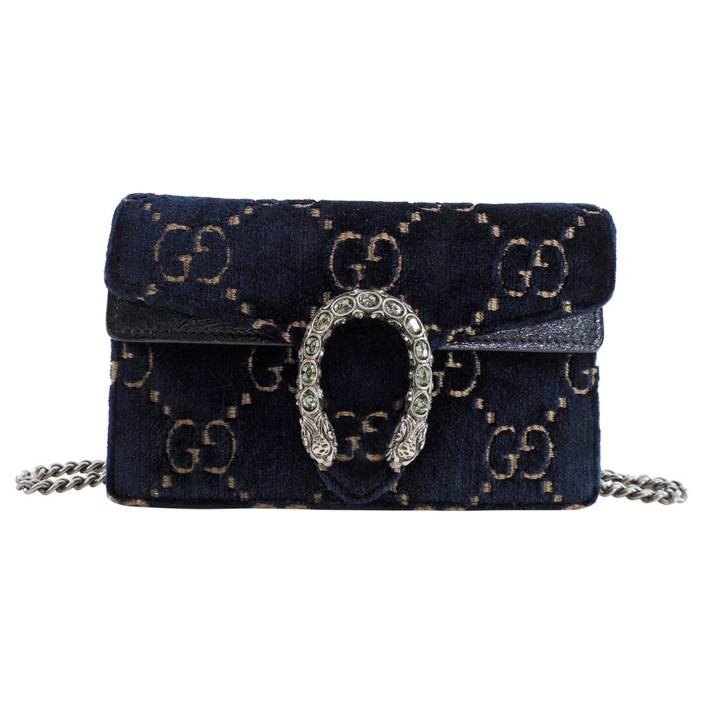 Gucci Super Mini Dionysus Navy and Gold Velvet Crossbody Bag