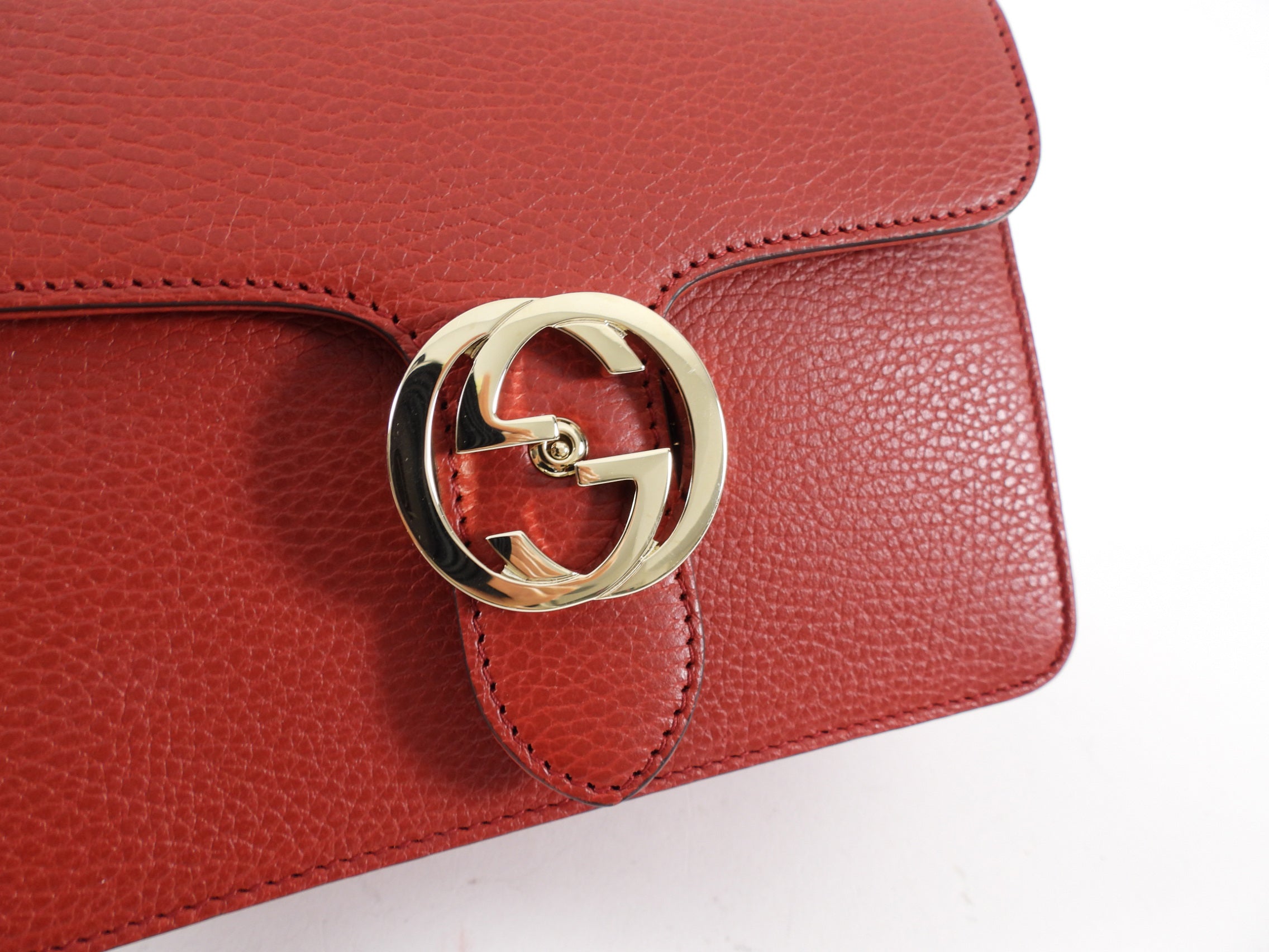 Gucci Red Leather Dollar Interlocking GG Chain Flap Bag