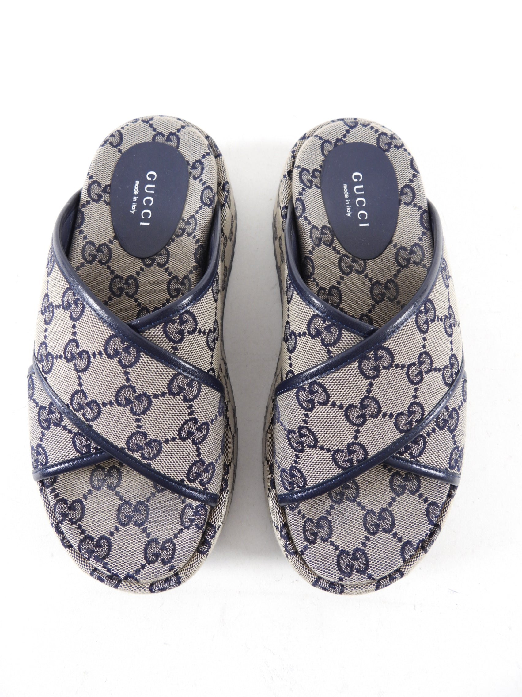 Gucci Navy Monogram Canvas Platform Sandals - 6.5
