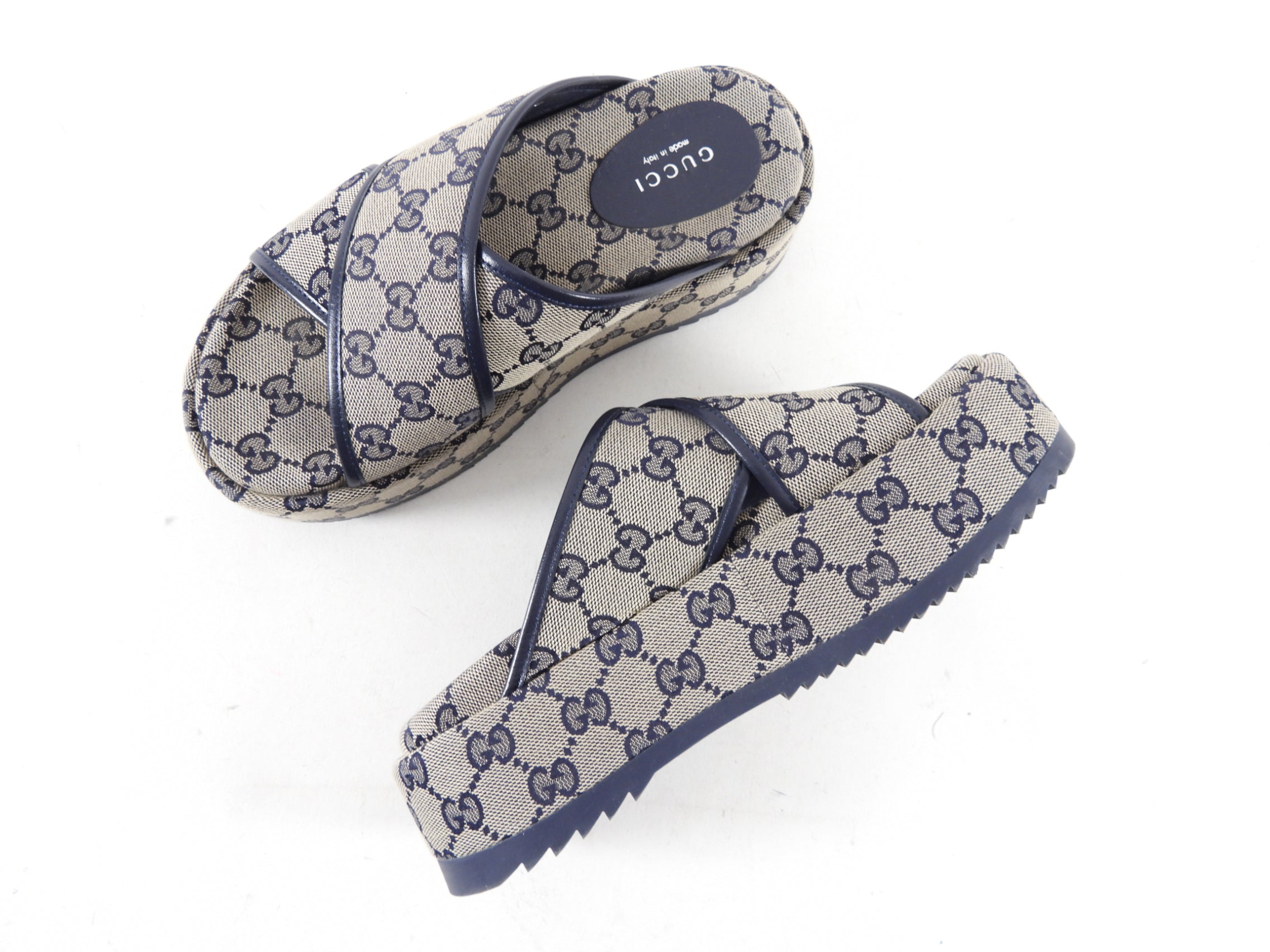 Gucci Navy Monogram Canvas Platform Sandals - 6.5