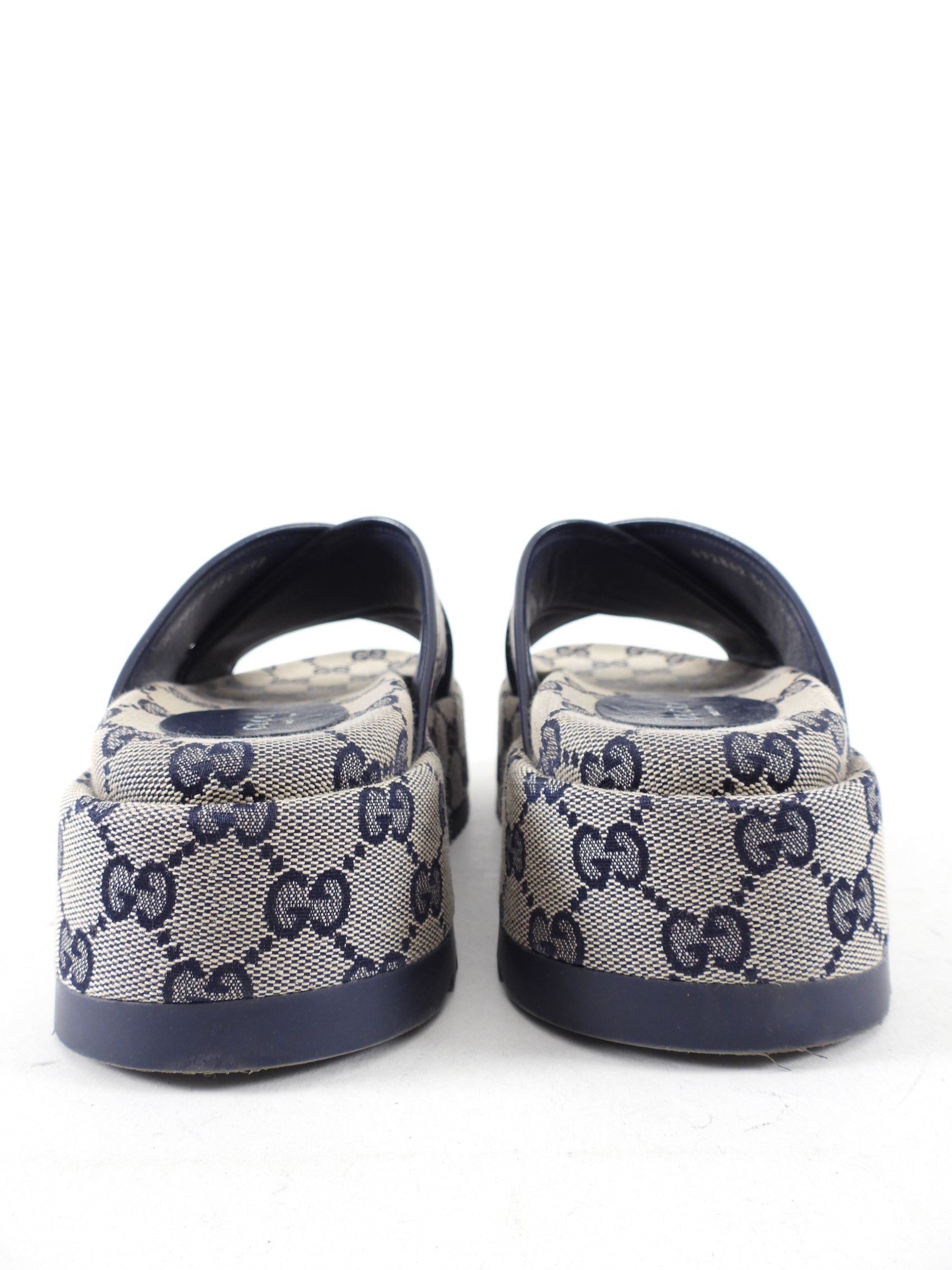Gucci Navy Monogram Canvas Platform Sandals - 6.5