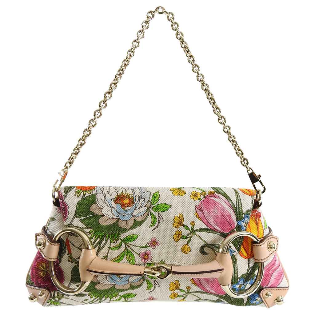 Gucci Flora and Fauna Canvas Horsebit Chain Baguette Small Shoulder Bag
