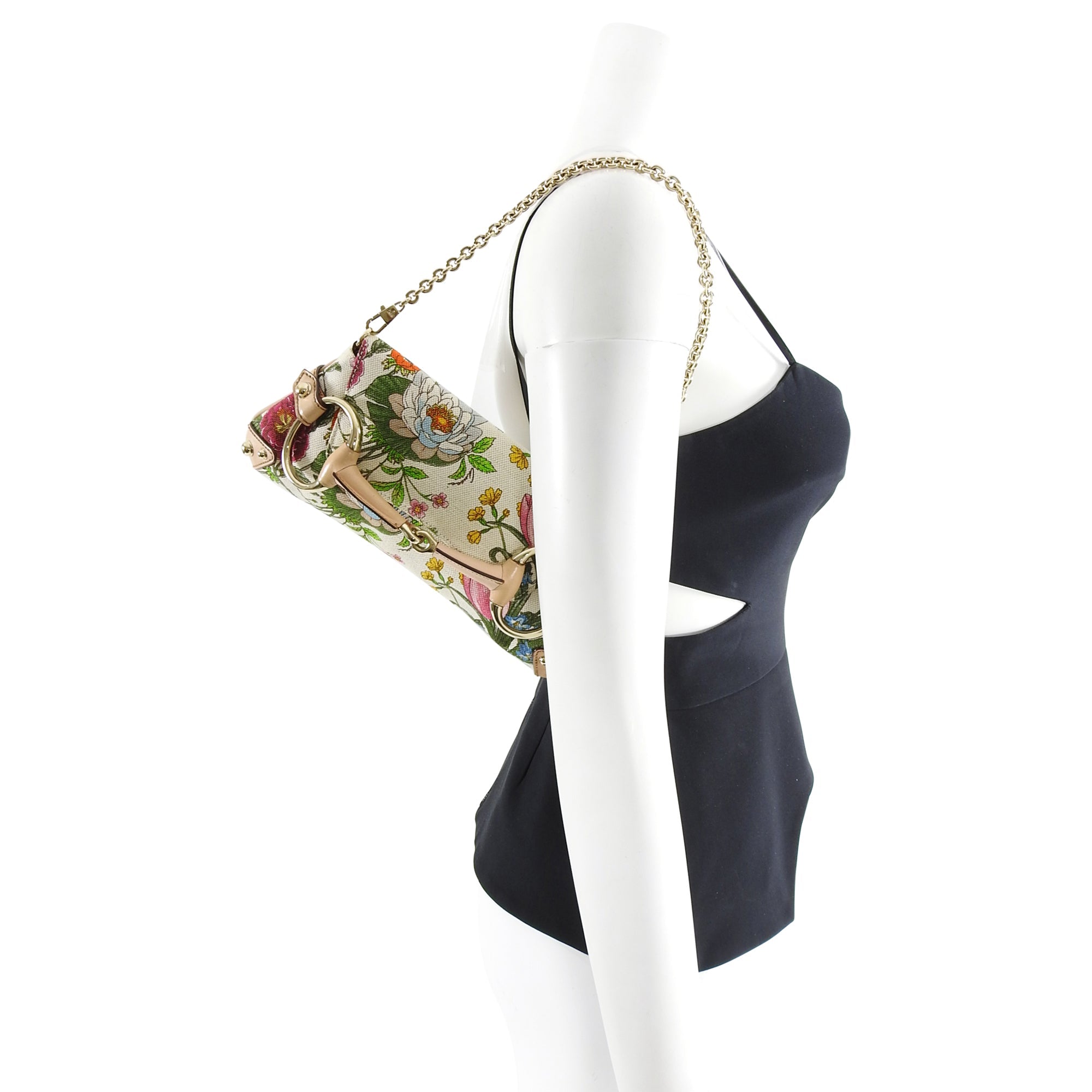 Gucci Flora and Fauna Canvas Horsebit Chain Baguette Small Shoulder Bag