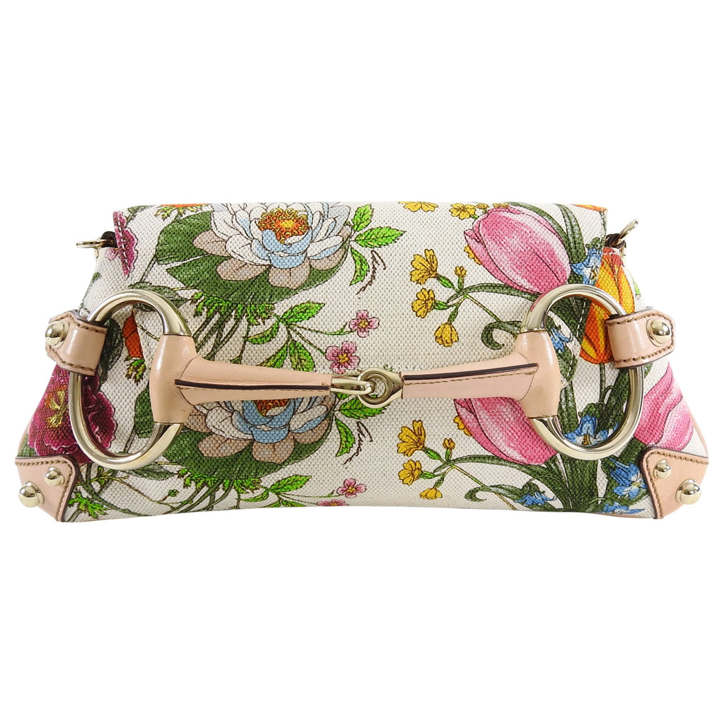 Gucci Flora and Fauna Canvas Horsebit Chain Baguette Small Shoulder Bag