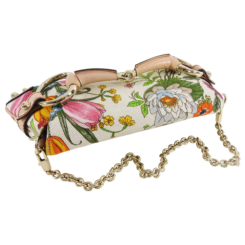 Gucci Flora and Fauna Canvas Horsebit Chain Baguette Small Shoulder Bag