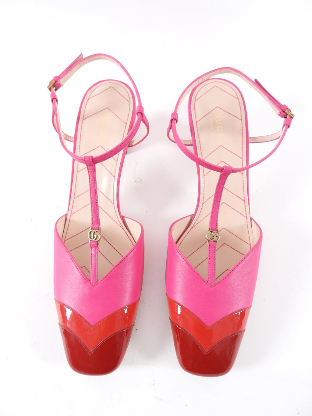 Gucci Pink and RedRed GG Logo T-Strap Heels - 40