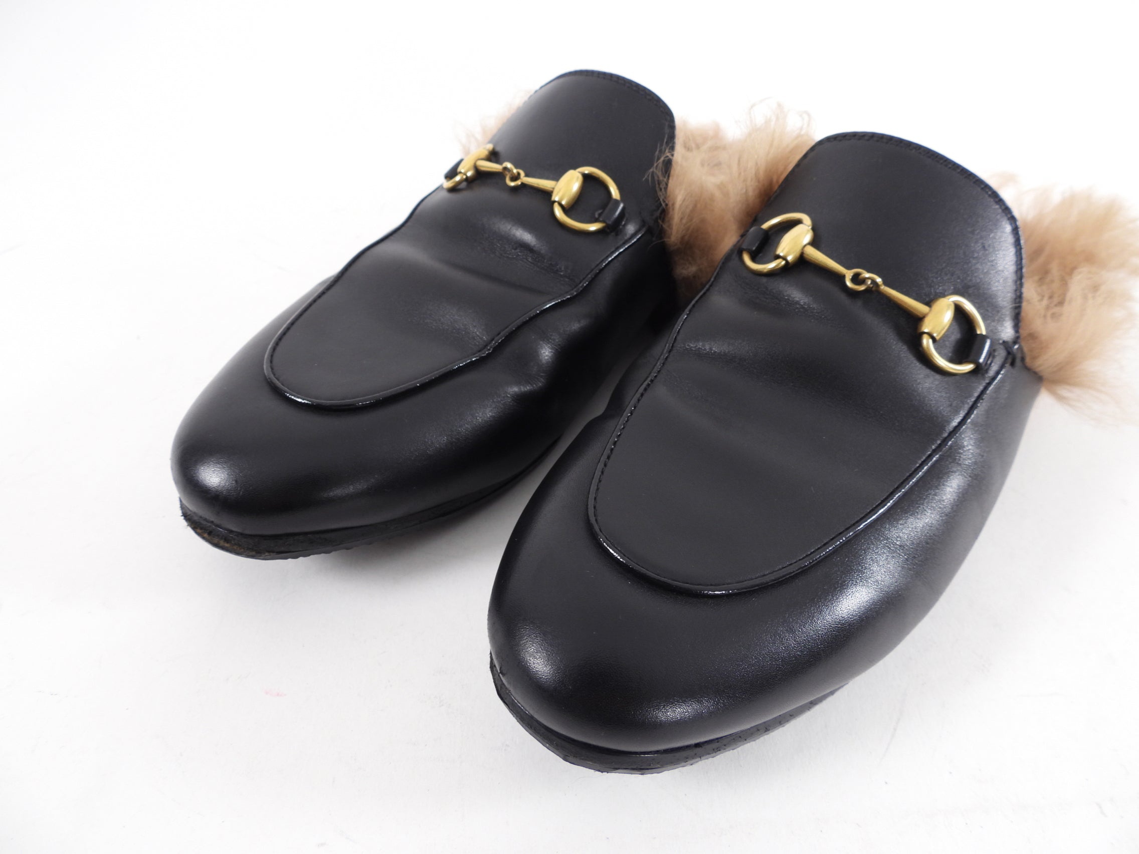 Gucci Shearling Fur Lined Black Princetown Slippers - USA 7