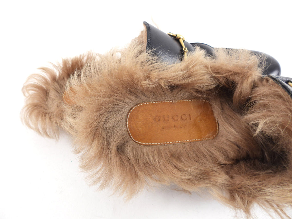 Gucci Shearling Fur Lined Black Princetown Slippers - USA 7