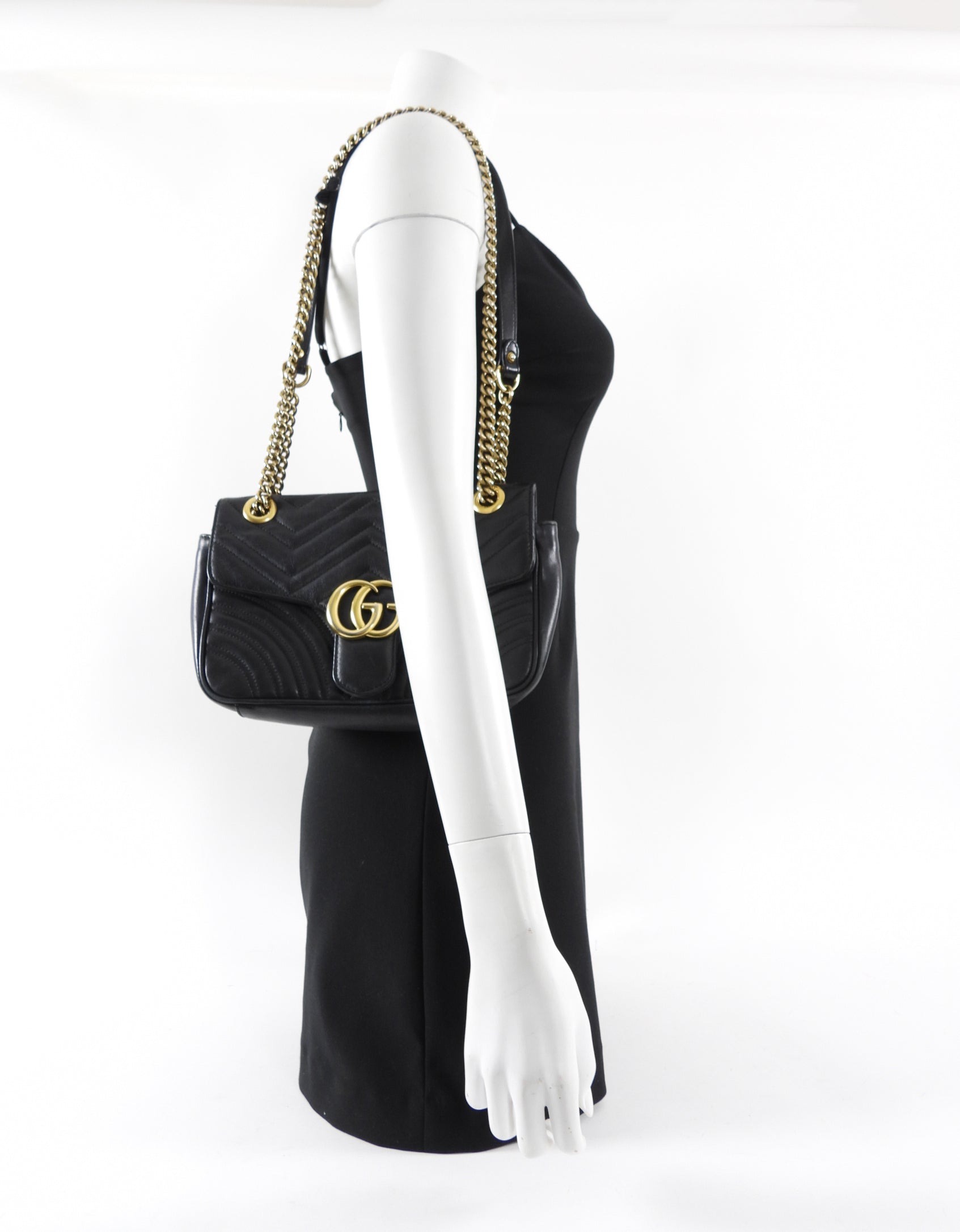 Gucci Small Marmont Matelasse Black Leather Chain Flap Bag