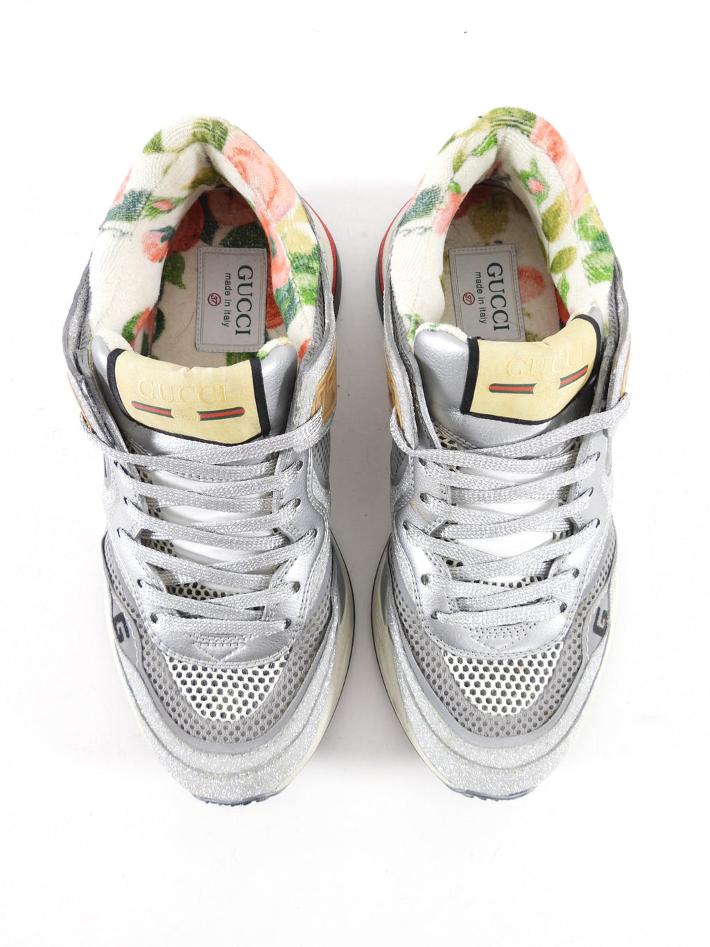 Gucci Silver Sparkle Floral Lined Sneakers - 37