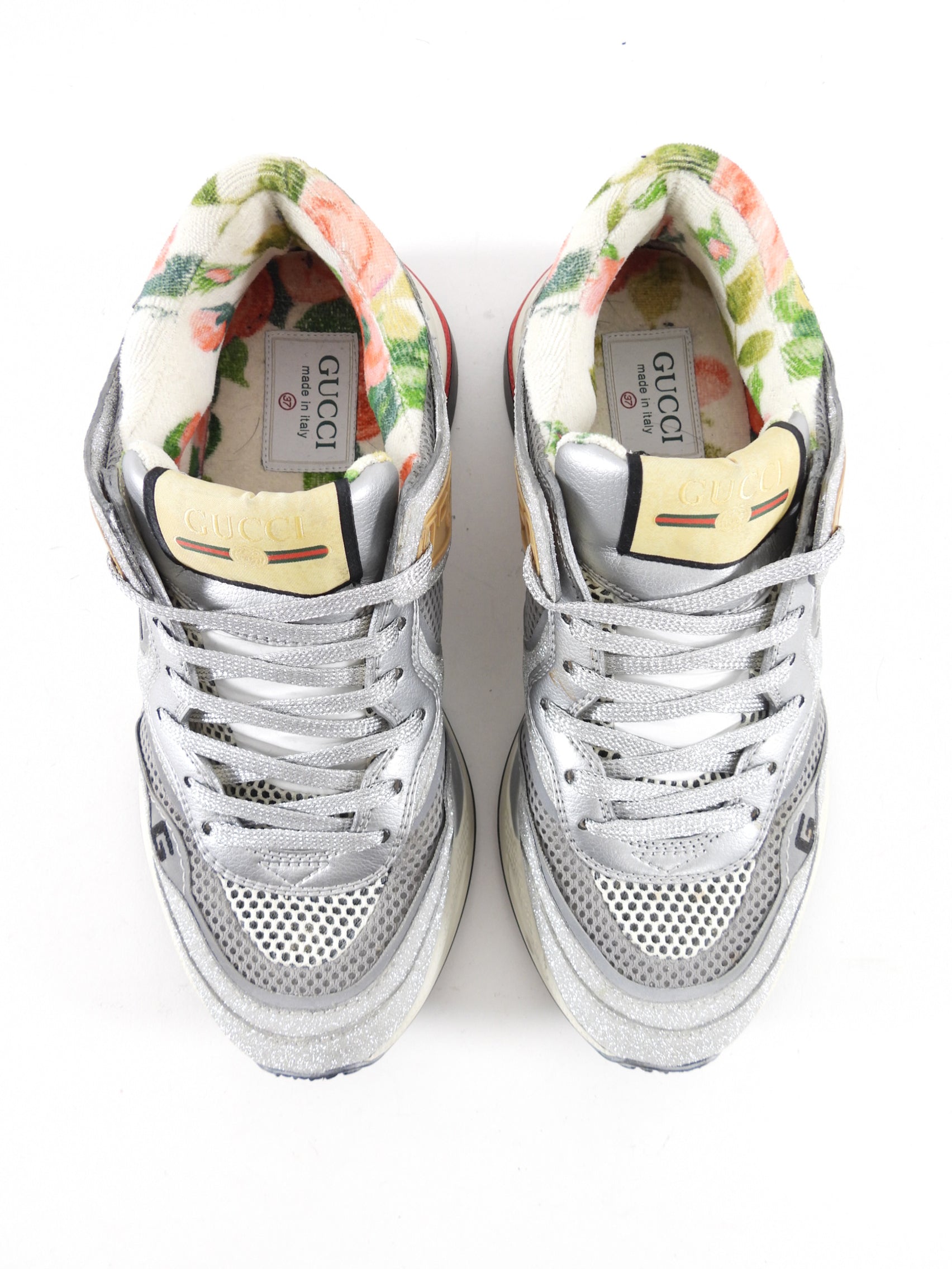 Gucci Silver Sparkle Floral Lined Sneakers - 37