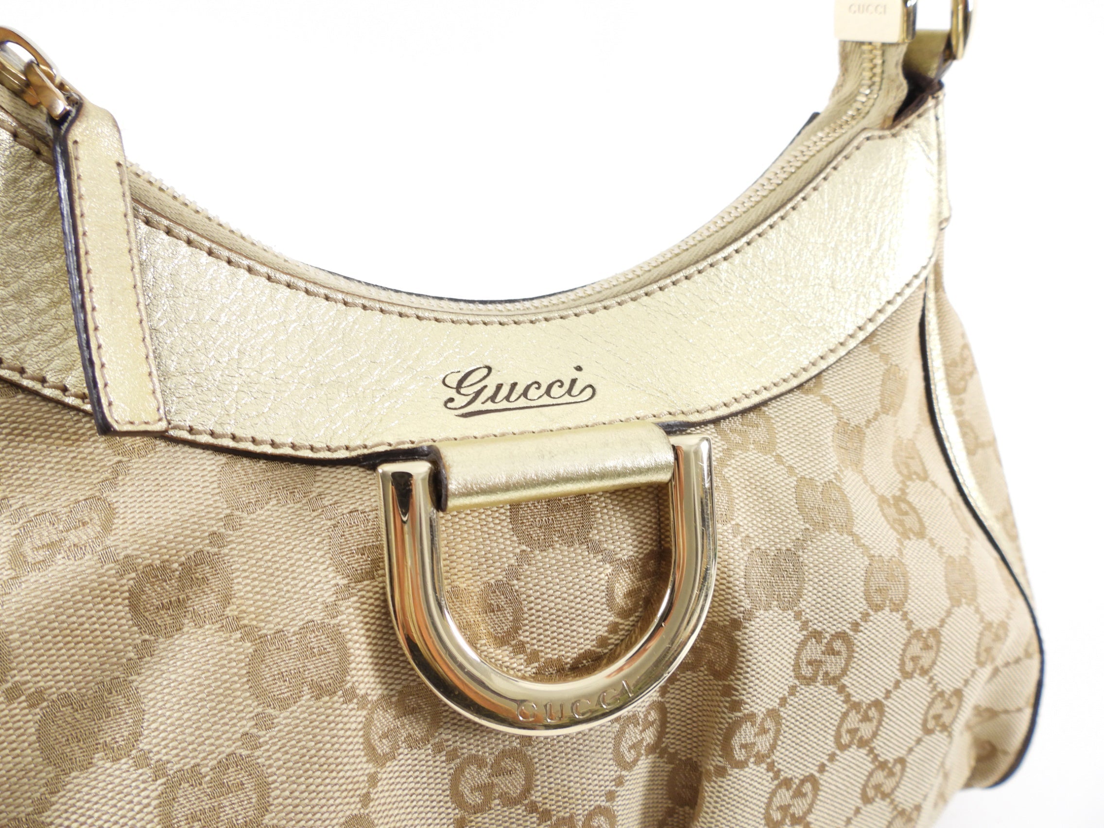 Gucci Monogram Canvas Gold Small D Ring Hobo Bag