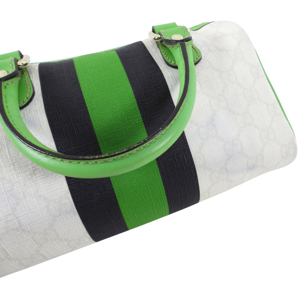Gucci White Monogram Supreme Small Joy Boston Bag with Green Logo