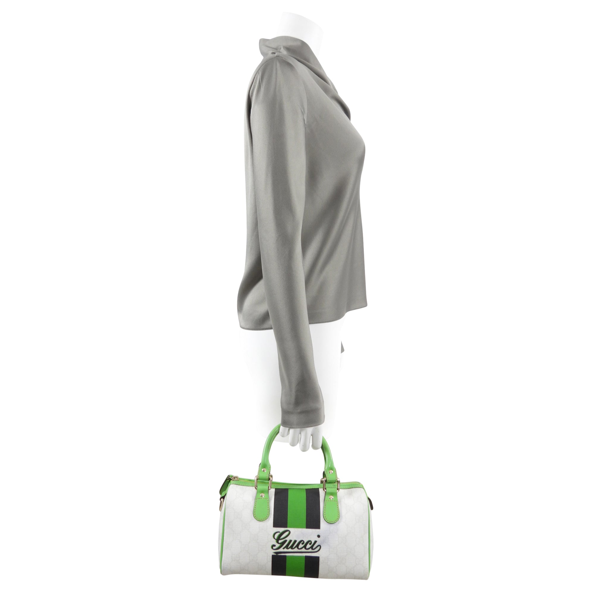 Gucci White Monogram Supreme Small Joy Boston Bag with Green Logo