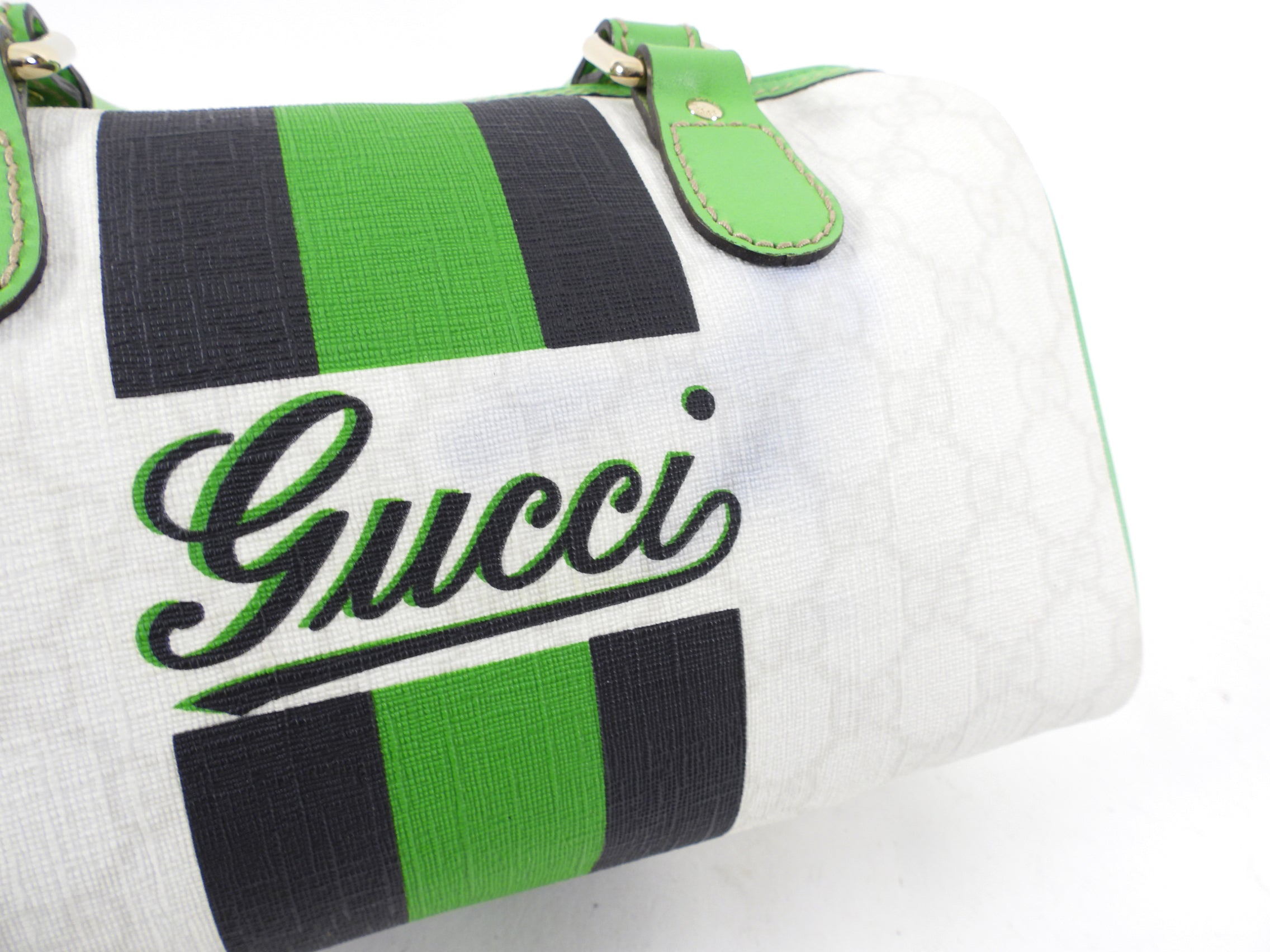 Gucci White Monogram Supreme Small Joy Boston Bag with Green Logo
