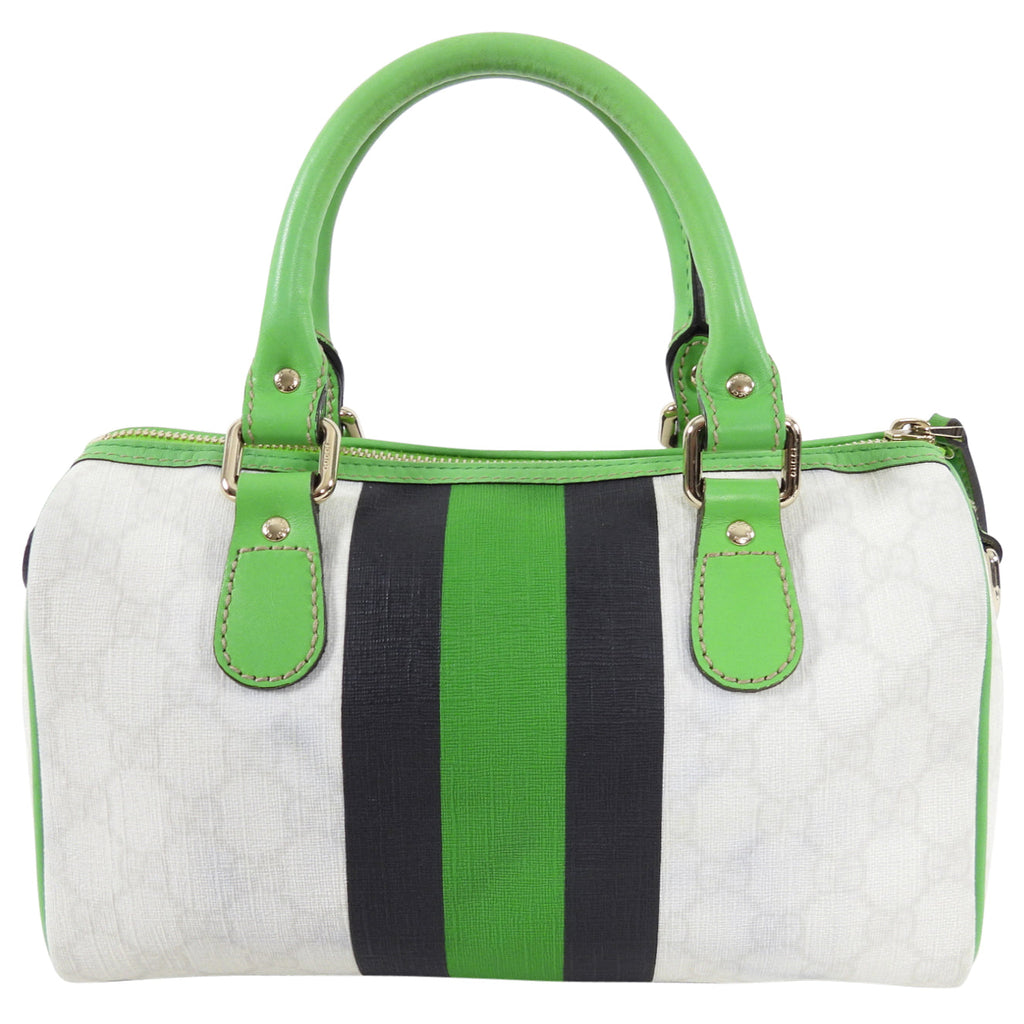 Gucci White Monogram Supreme Small Joy Boston Bag with Green Logo