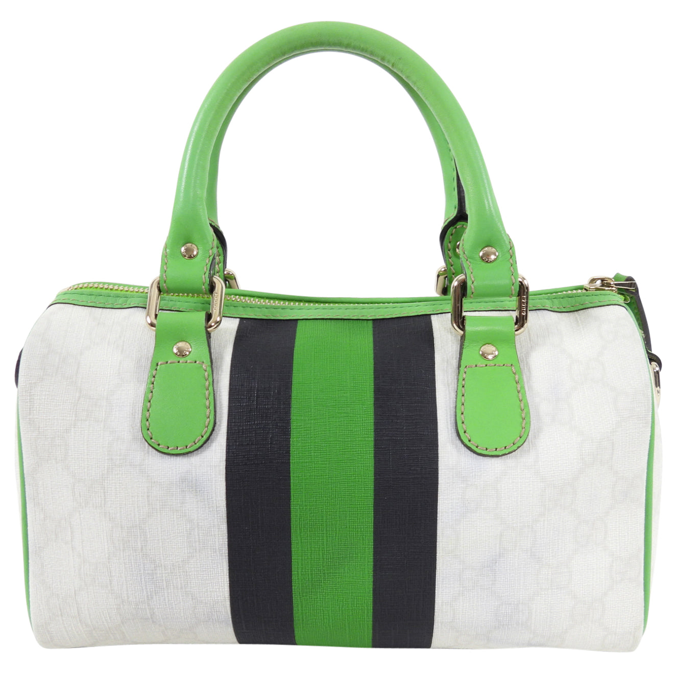 Gucci White Monogram Supreme Small Joy Boston Bag with Green Logo