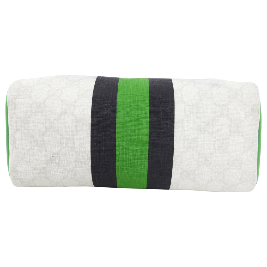 Gucci White Monogram Supreme Small Joy Boston Bag with Green Logo