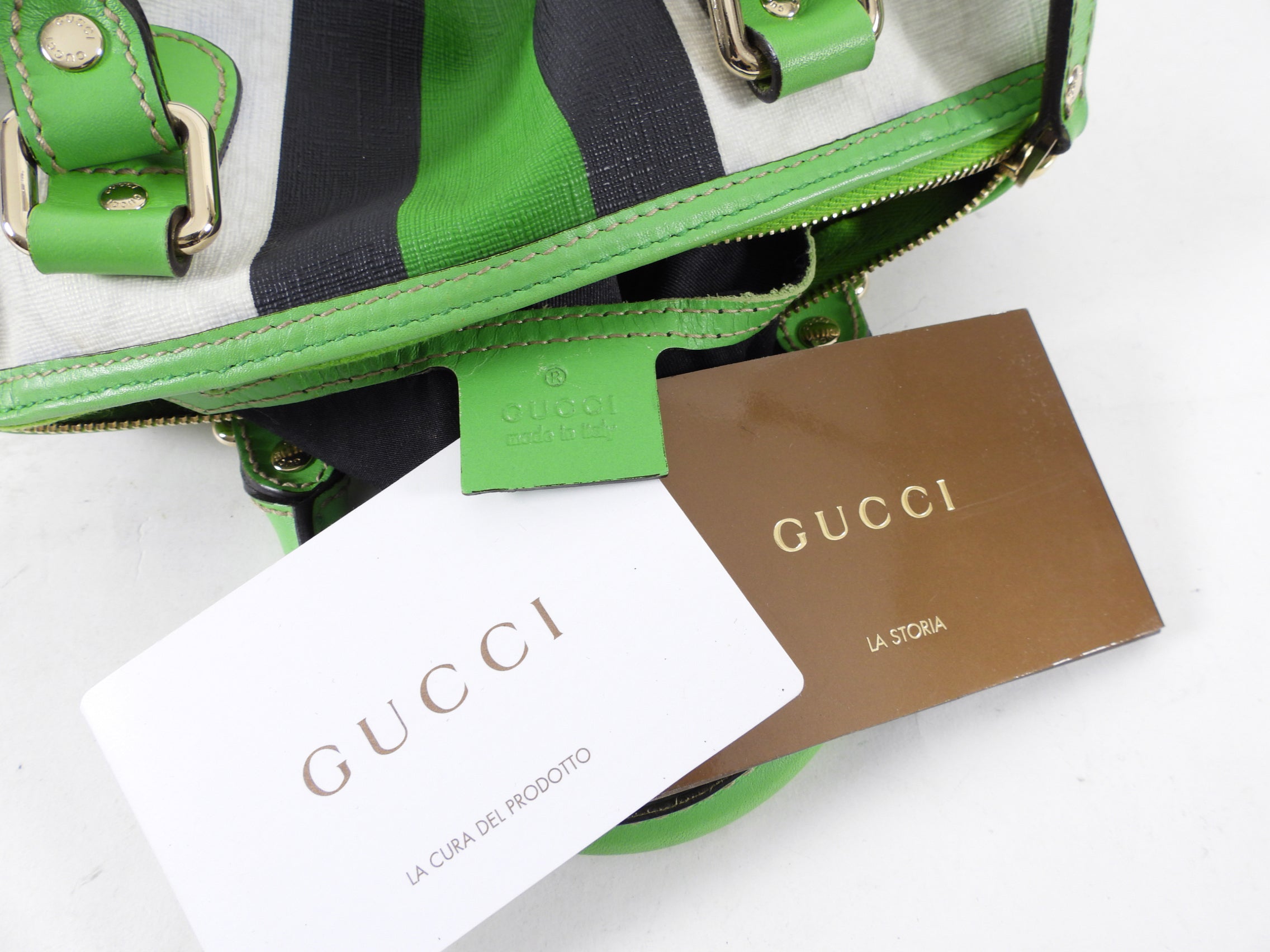 Gucci White Monogram Supreme Small Joy Boston Bag with Green Logo