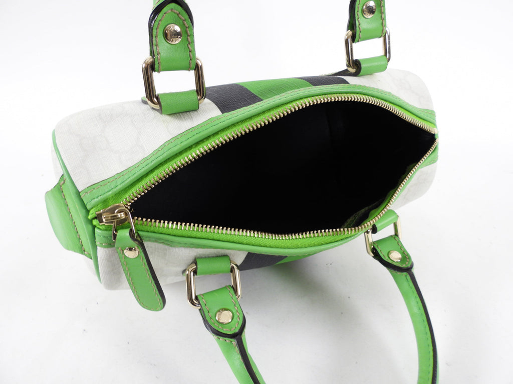 Gucci White Monogram Supreme Small Joy Boston Bag with Green Logo