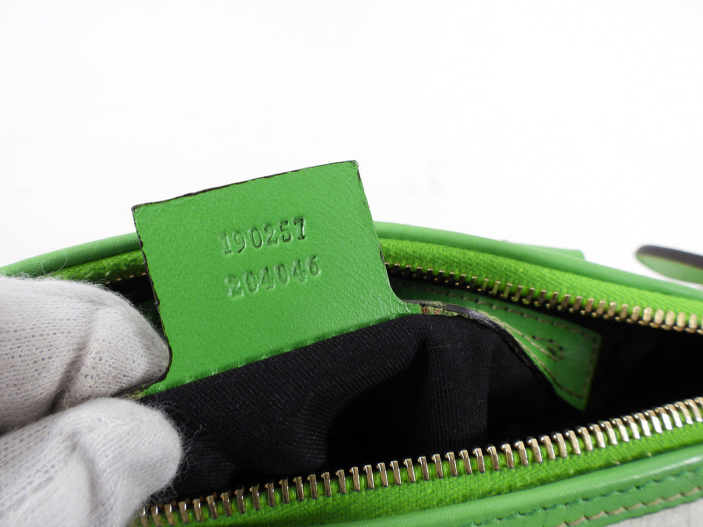 Gucci White Monogram Supreme Small Joy Boston Bag with Green Logo
