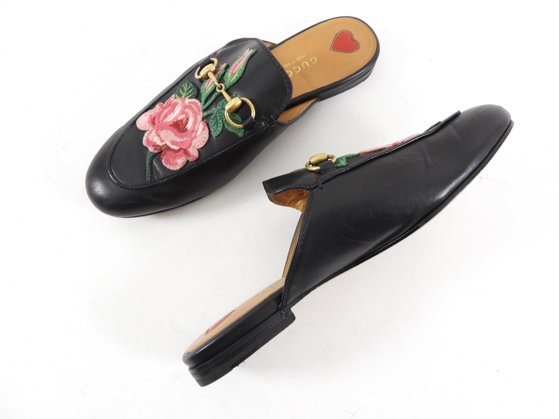 Gucci Black Horsebit Slippers with Rose Embroidery - USA 6