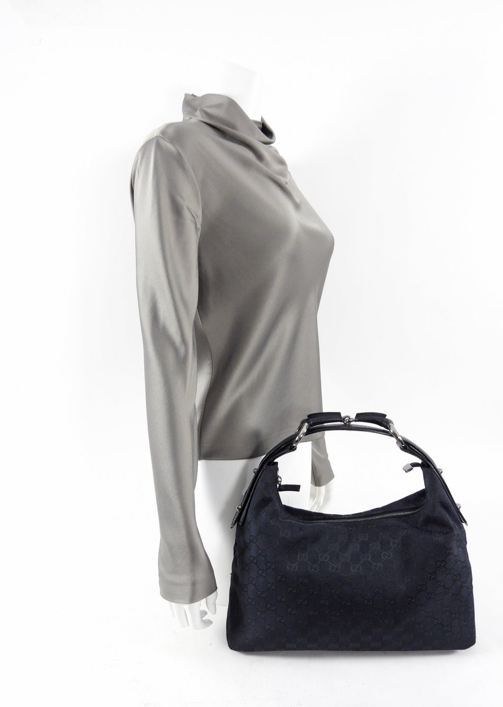 Gucci Black Monogram Canvas Horsebit Hobo Bag