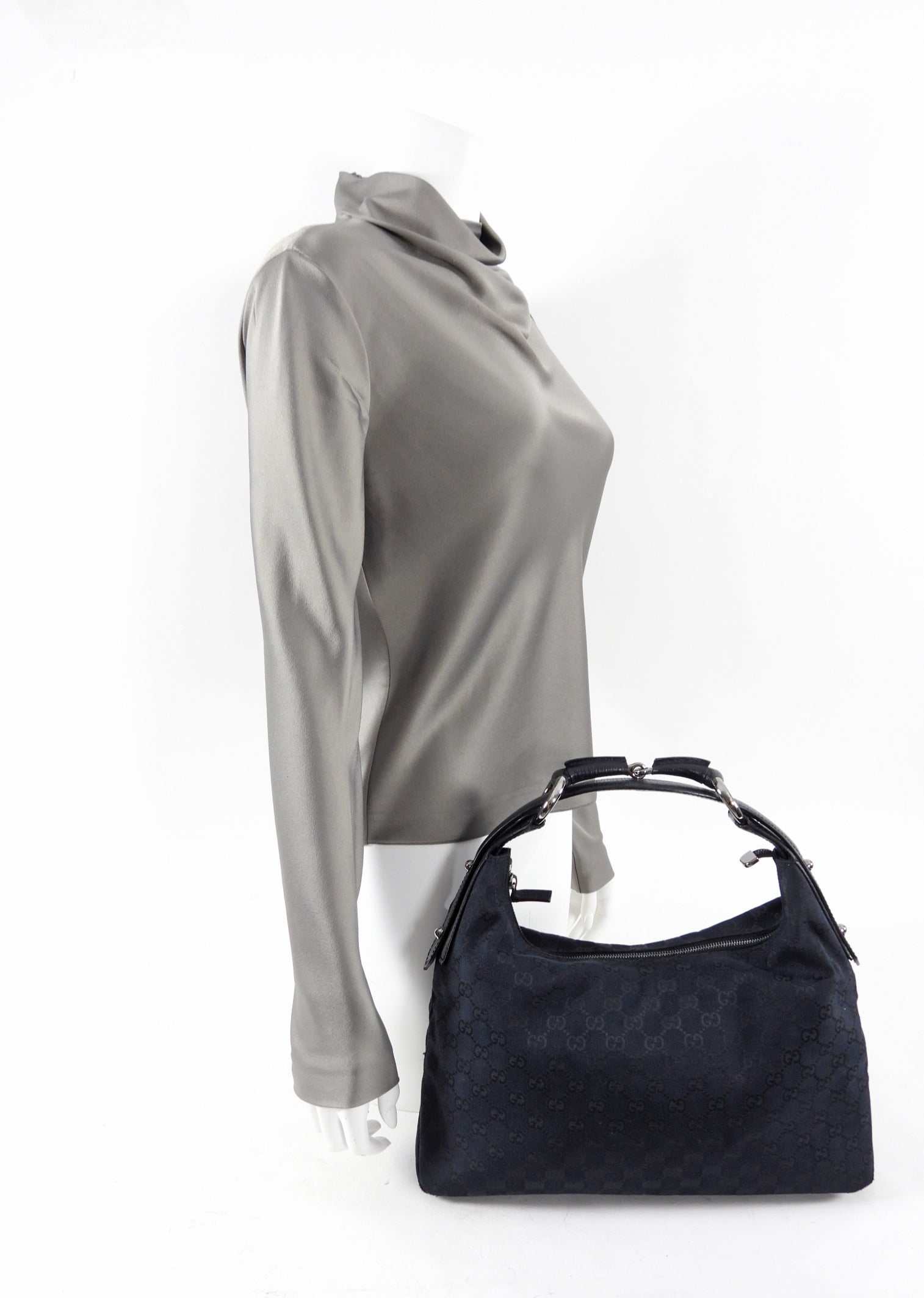 Gucci Black Monogram Canvas Horsebit Hobo Bag