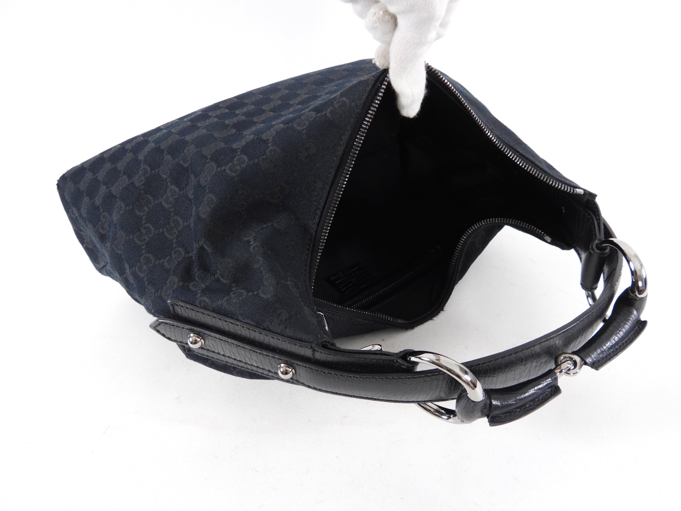 Gucci Black Monogram Canvas Horsebit Hobo Bag