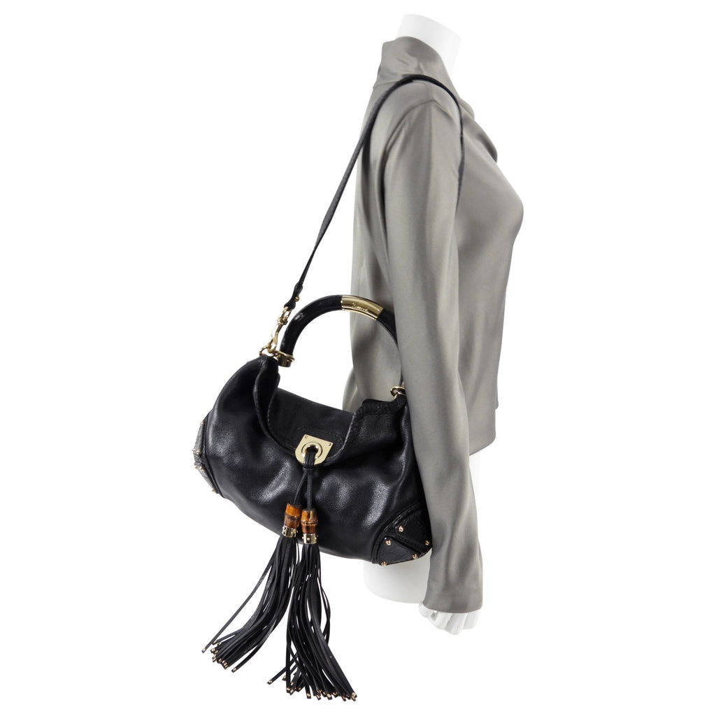 Gucci Black Indy Baboushka Medium Hobo Bamboo Tassel Bag