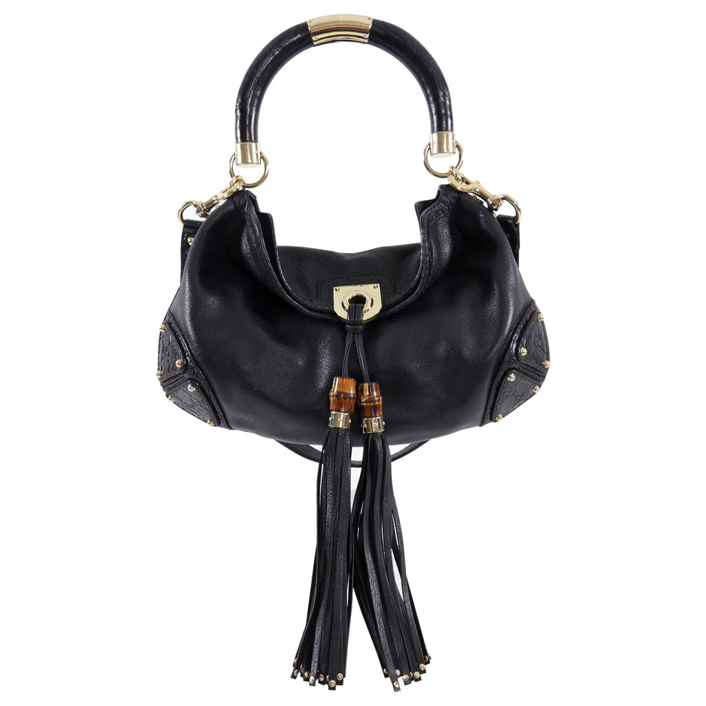Gucci Black Indy Baboushka Medium Hobo Bamboo Tassel Bag