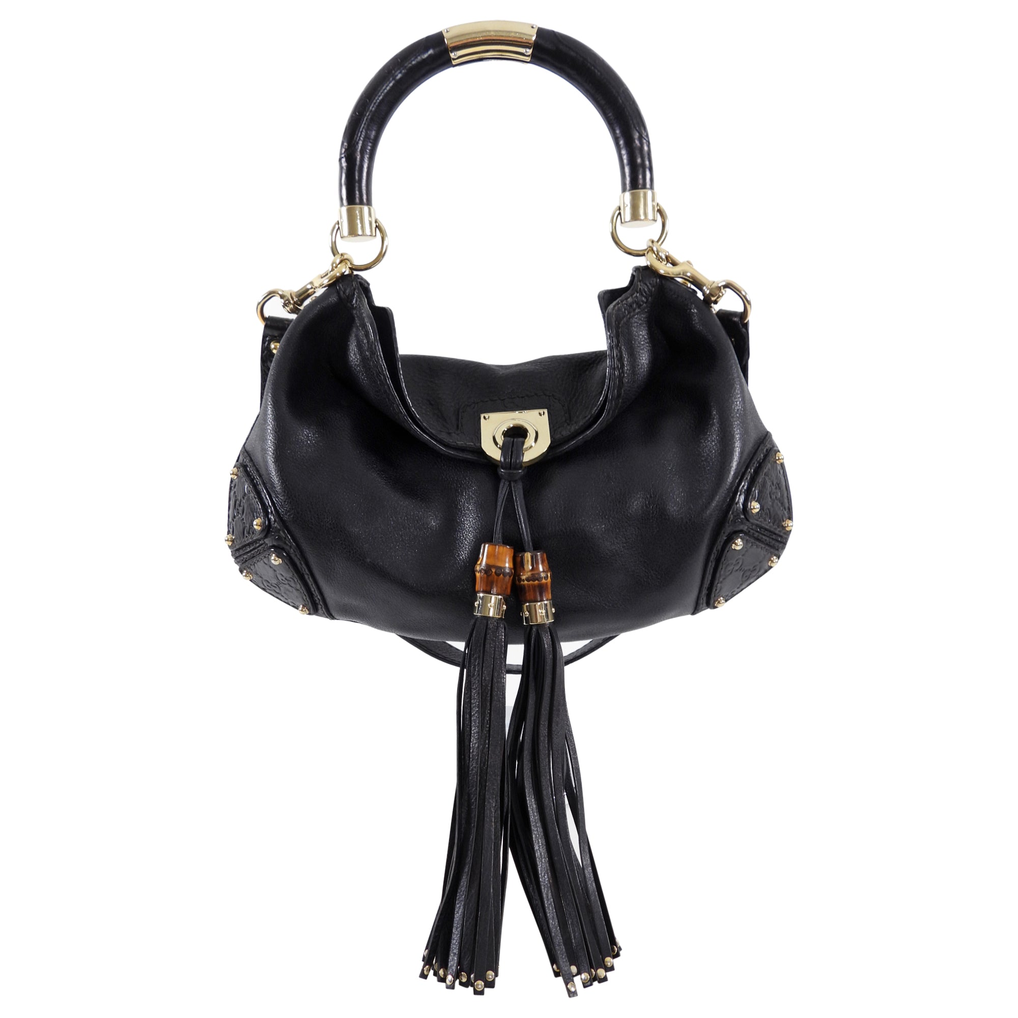 Gucci Black Indy Baboushka Medium Hobo Bamboo Tassel Bag