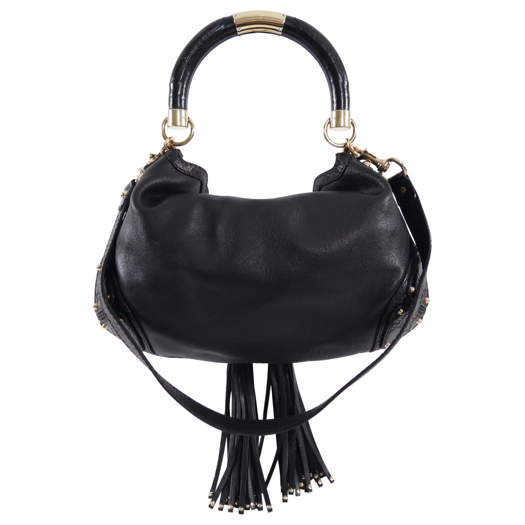Gucci Black Indy Baboushka Medium Hobo Bamboo Tassel Bag